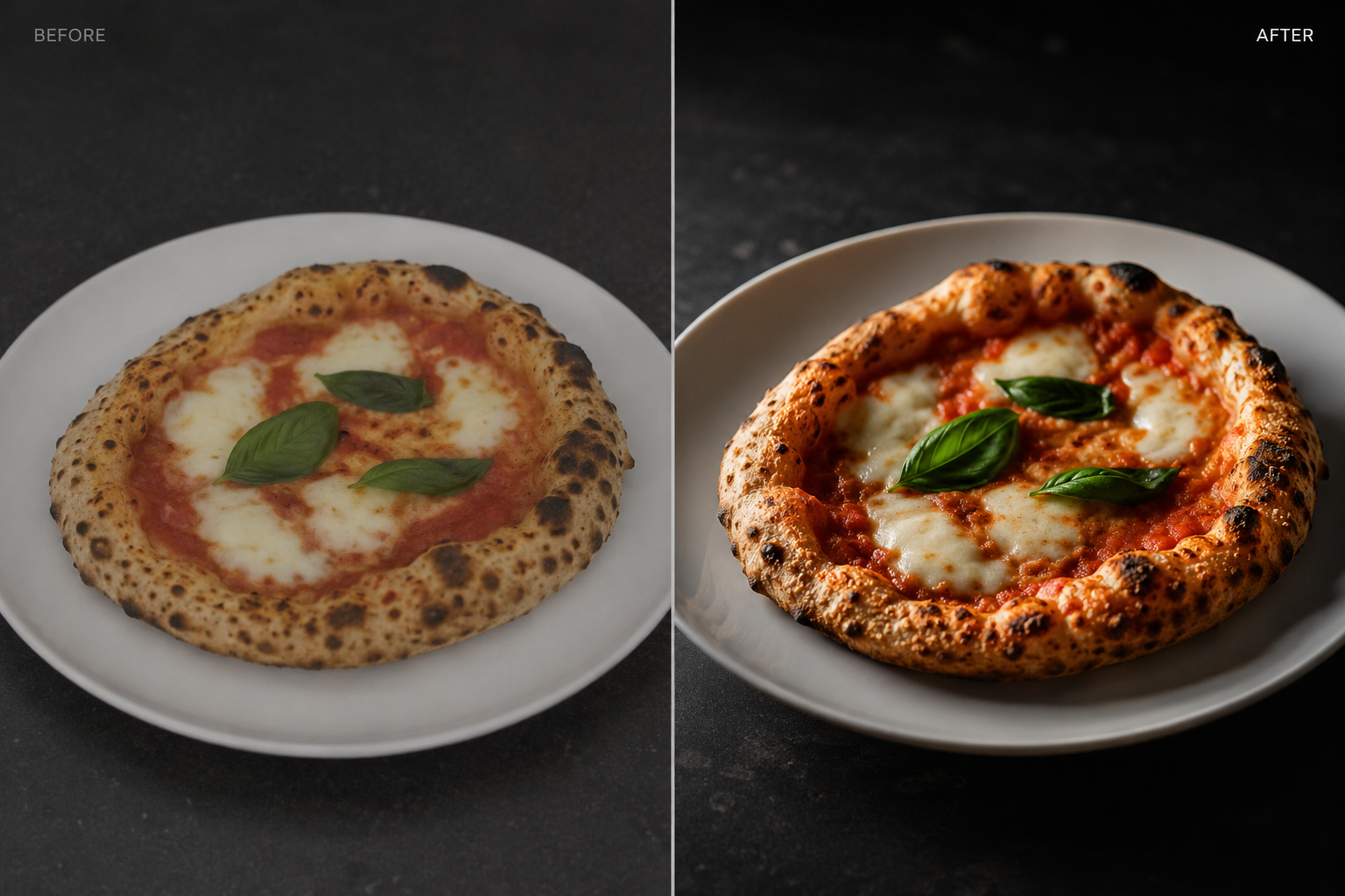 Dimensional Light Sculpting diagnostic showing a pizza before and after side lighting