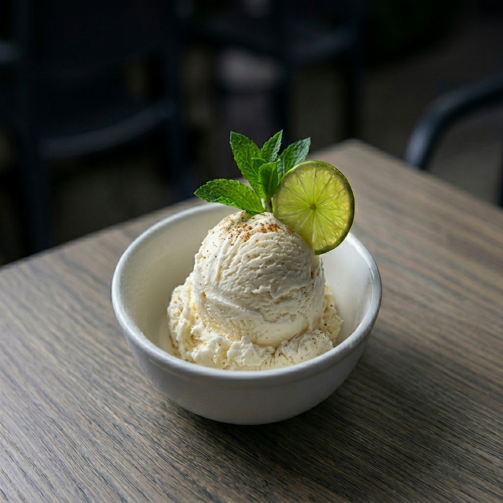 A styled ice cream dessert with mint, lime, and moody editorial lighting