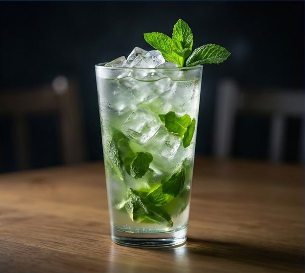 A polished mint drink with crisp ice, bright texture, and premium lighting